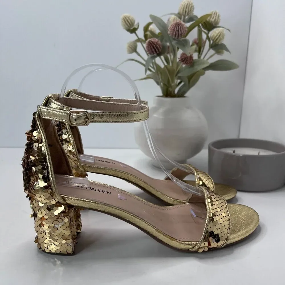 Steve Madden Carrson Sandal Gold Sequin Ankle Strap Block Heel Women's US 6 M